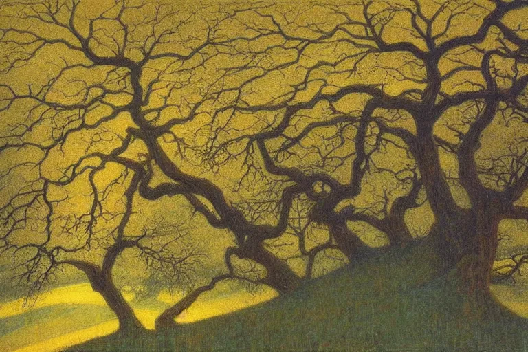 Image similar to masterpiece painting of oak trees on a hillside overlooking a creek, dramatic lighting, by jean delville