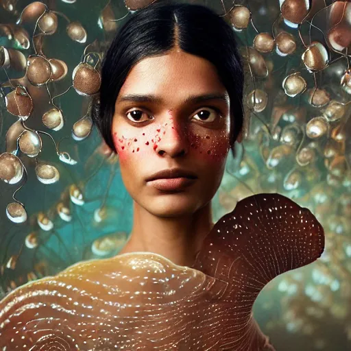 Image similar to a close - up shot of a brown woman wearing a luminous armor made of neon jelly fishes. surrounded by large jelly fishes. soft lighting. fragile. haunting jellyfish eyes!! coherent face!! no makeup!! muted colors. by ray caesar. by louise dahl - wolfe. by andrea kowch. surreal photography