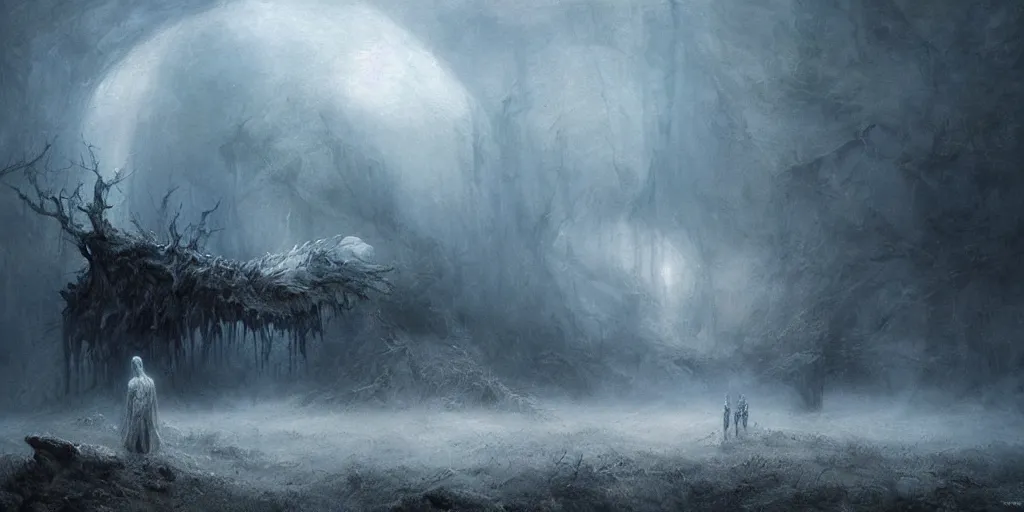 Prompt: a lone white wolf in a nightmare landscape, sad, emotive, high detail, cinematic, beautiful painting by beksinski and ruan jia and artgerm