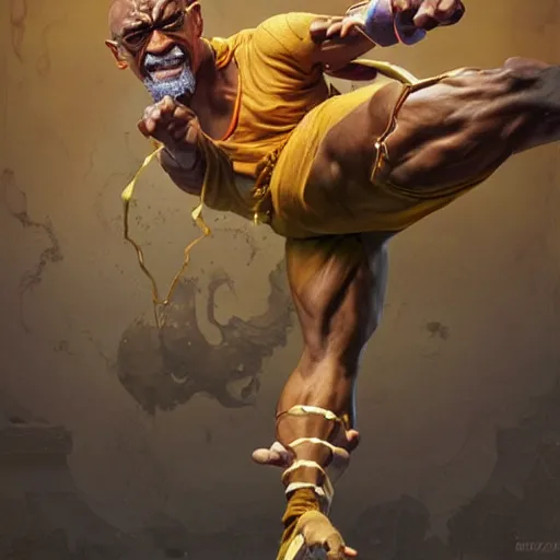 Image similar to giancarlo esposito as dhalsim street fighter, jump kick, 4 k, ultra realistic, detailed focused art by artgerm and greg rutkowski and alphonse mucha