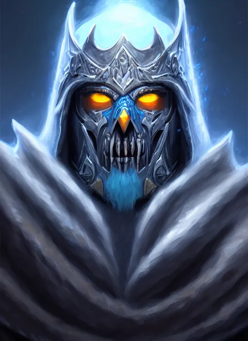 Prompt: portrait painting of lich king, acrylic, daz. detailed, portrait, oil painting, artstation, unreal 5, hd, artgerm, dnd, rpg