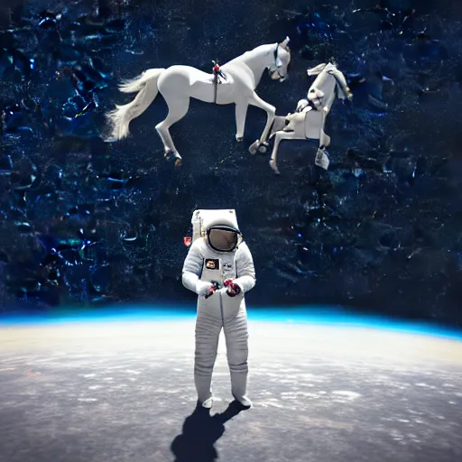 Image similar to an astronaut standing on the ground and a small trippy aggressive centaur standing on that poor human being standing on all fours astronaut raising his arms up, really trying to ride it, the horse is on his shoulders and grabbing them, minimalist style, 3 d render, isometry