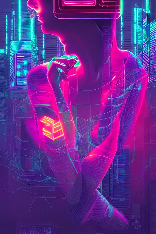 Image similar to dreamy cyberpunk girl, abstract smoke neon, digital nodes, computer network, beautiful woman, detailed acrylic, grunge, intricate complexity, by dan mumford and by kilian eng