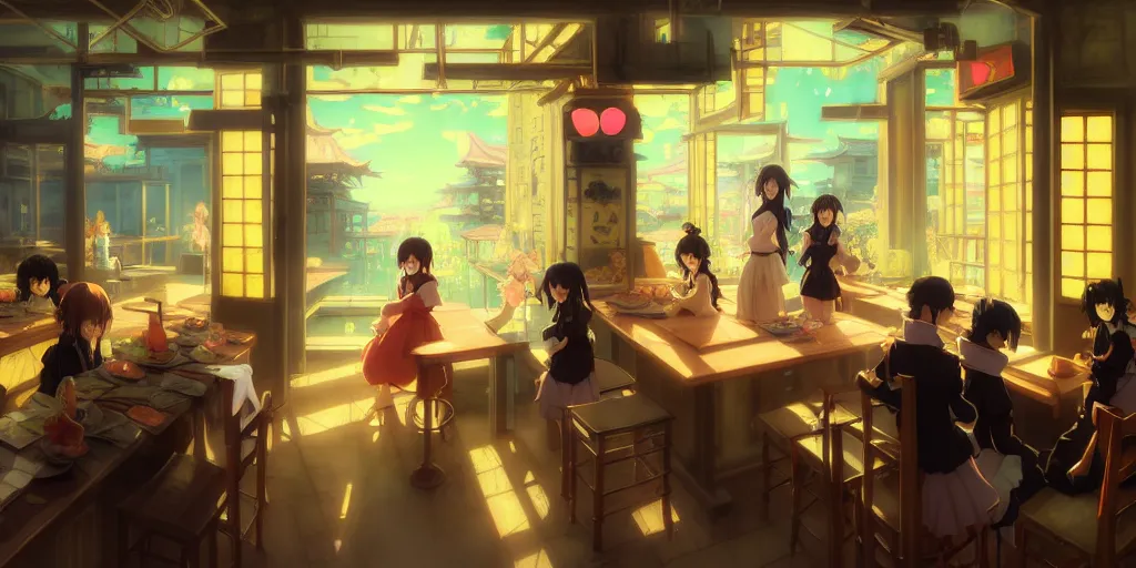 Image similar to baroque oil painting of key visual environment concept art of anime maid cafe in modern japan, brutalist, dark fantasy, rule of thirds golden ratio, fake detail, trending pixiv fanbox, acrylic palette knife, style of makoto shinkai studio ghibli genshin impact jamie wyeth james gilleard greg rutkowski chiho aoshima