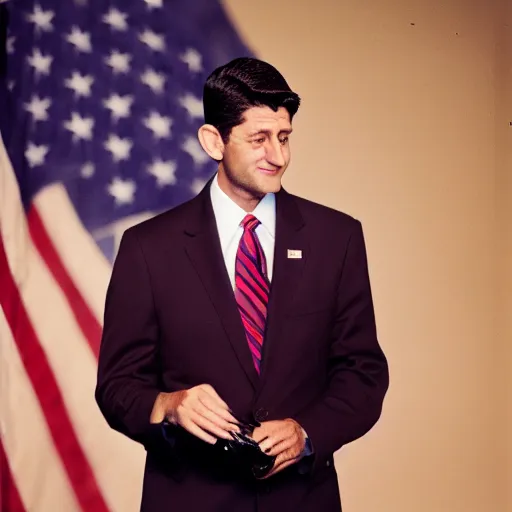 Image similar to Former House Speaker Paul Ryan and an empty bottle. CineStill