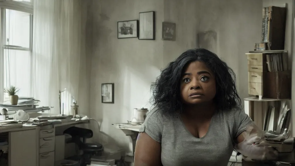 Image similar to stunning screenshot of Octavia Spencer alone in her studio apartment, moody, sad scene from the movie PT Anderson, she is plugged into the virtual world at night, art house, award winning film, portrait, 3D rendered lighting, stunning cinematography by Hoyte van Hoytema