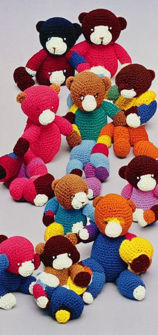 Prompt: multicolored crocheted teddy bears, 1 9 8 0 s catalogue photography