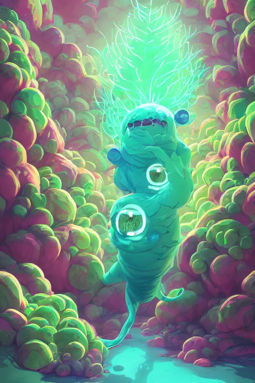 Image similar to roots cactus sushi cristal smurf ghost creature animal sushi cristal very big eye roots cactus elemental flush of force nature micro world fluo fishscale, behance hd by jesper ejsing, by rhads, makoto shinkai and lois van baarle, ilya kuvshinov, rossdraws radiating a glowing aura global illumination ray tracing hdr