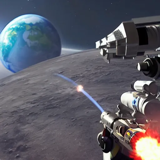 Prompt: astronaut aims a gun at a second astronaut, with earth in the background, unreal engine 5, dark space