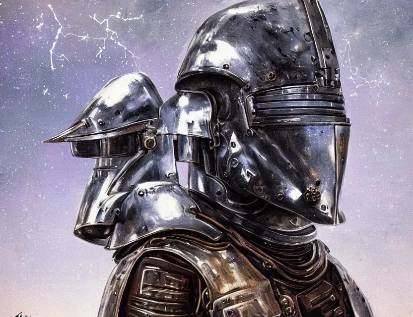 Image similar to a detailed portrait painting of a lone bounty hunter wearing combat armour and a reflective visor. Head and chest only. Dieselpunk elements. Movie scene, cinematic sci-fi scene. Flight suit, cloth and metal, accurate anatomy. Samurai influence, knight influence. fencing armour. portrait symmetrical and science fiction theme with lightning, aurora lighting. clouds and stars. Futurism by moebius beksinski carl spitzweg moebius and tuomas korpi. baroque elements. baroque element. intricate artwork by caravaggio. Oil painting. Trending on artstation. 8k