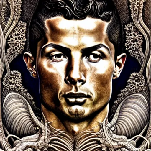 Image similar to detailed realistic beautiful cristiano ronaldo portrait by jean delville, gustave dore, iris van herpen and marco mazzoni, art forms of nature by ernst haeckel, art nouveau, symbolist, visionary, gothic, neo - gothic, pre - raphaelite, fractal lace, intricate alien botanicals, ai biodiversity, surreality, hyperdetailed ultrasharp octane render