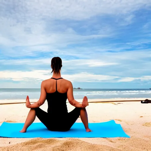 Prompt: woman doing yoga on the beach, photo