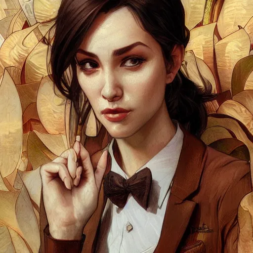 Image similar to banana in a business suit, artists portrait, fantasy, highly detailed, digital painting, concept art, sharp focus, depth of field blur, illustration, art by artgerm and greg rutkowski and alphonse mucha