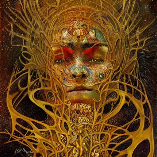 Image similar to Visions of Hell by Karol Bak, Jean Deville, Gustav Klimt, and Vincent Van Gogh, nightmare portrait, infernal, visionary, otherworldly, fractal structures, ornate gilded medieval icon, third eye, hellfire, stygian, spirals