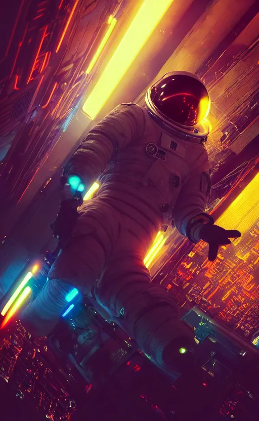 Image similar to professional photo of astronaut from front standing very close to camera from low angle shot, cyberpunk, synthwave, blade runner, hyperrealistic masterpiece, trending on artstation, cgsociety, kodakchrome, golden ratio, cinematic, composition, beautiful lighting, hyper detailed, sharp focus, octane render, 4 k, unreal engine