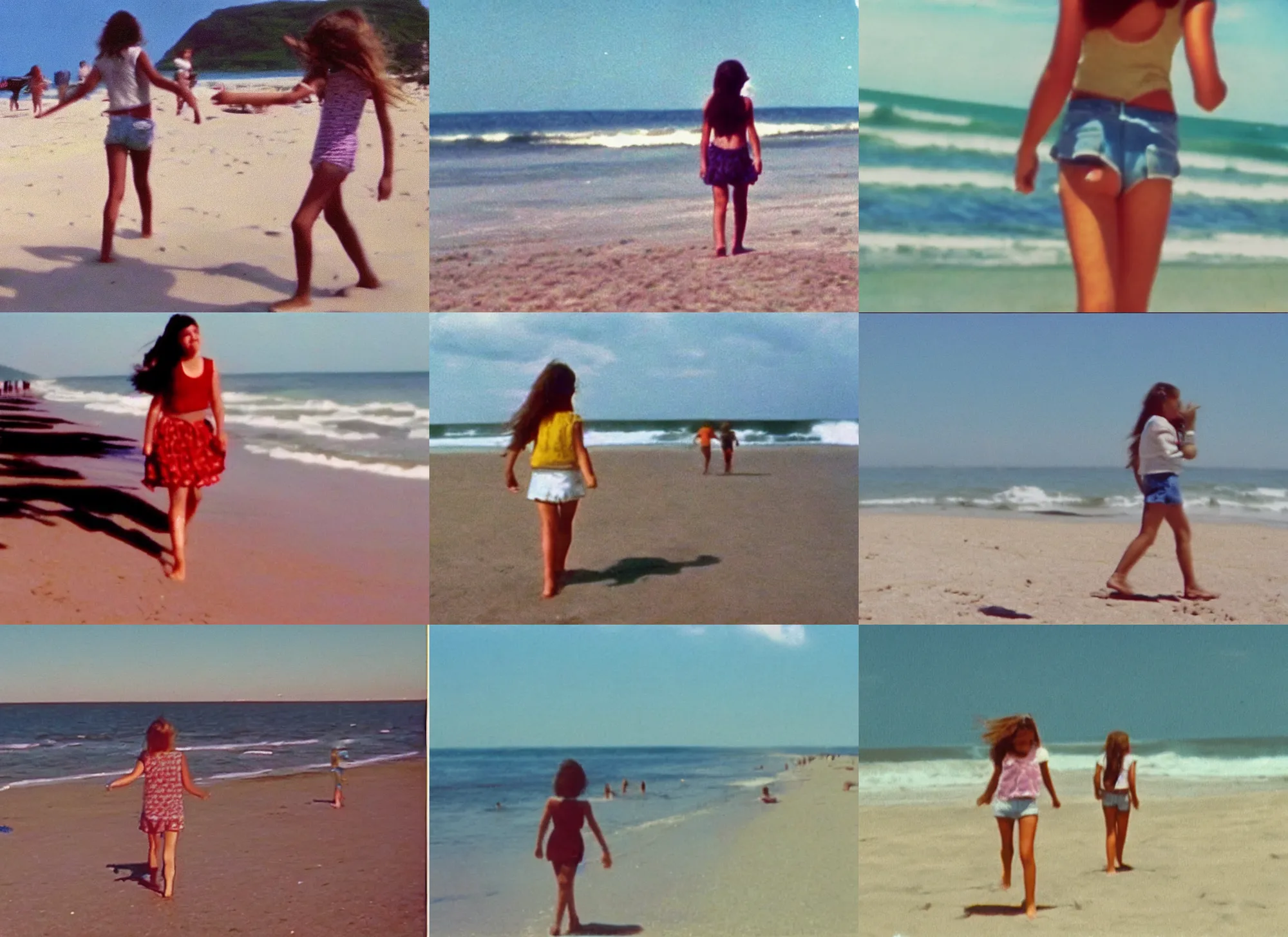 Prompt: Home video footage, A teen girl walking on the beach, summer. Color VHS picture quality with mixed noise, Filmed by dad.