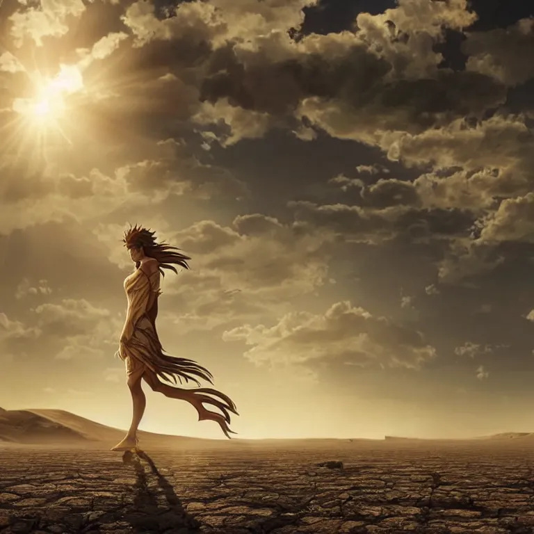 Image similar to A greek goddess walking across a vast desert under an unrelenting sun. award winning. superb resolution. in the art style of junji Ito and greg rutkowski. Detailed post-apocalyptic wasteland in background. Hyper realistic anime. Perfect art.