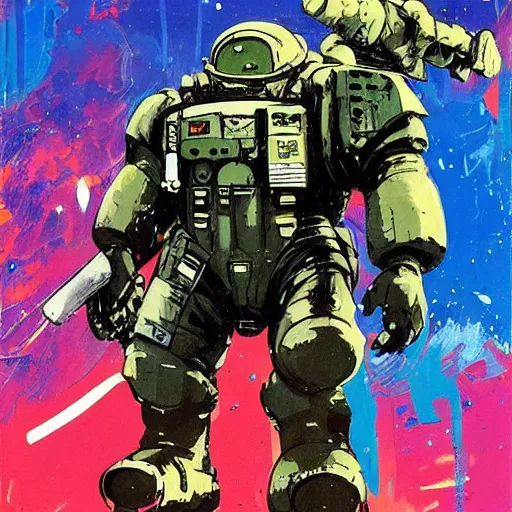 Prompt: Manatee Space Marine by Ashley Wood, Yoji Shinkawa, Jamie Hewlett, 60's French movie poster, French Impressionism, vivid colors, palette knife and brush strokes, Dutch tilt