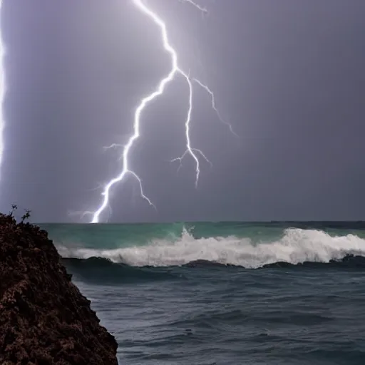 Prompt: A silhouette of a man, ocean, big waves collapsing next to him, lightning strikes