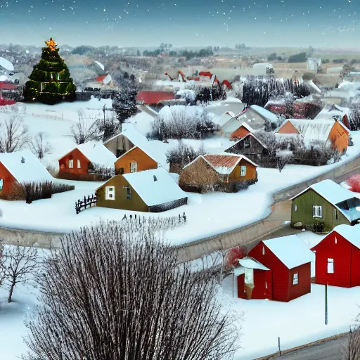 Image similar to A small rural town and neighborhood with small houses from the foreground into the horizon of the background on long roads and streets decorated with Christmas themed objects on their lawns, in the winter months of december, snow is everywhere, it is currently snowing and cloudy, very nostalgic, very melancholic, dramatic angle, rotoscoped, rotoscope, photoshop, photomanipulation, realism, painting, illustration and sketch, weird scribbles, hybrid styles, hybrid art styles, mismatched, trending on artstation, trending on deviantart, weird, quirky, interesting, very detailed, highly detailed, HD Quality, 4k resolution, 8k resolution, in the style of David Firth, in the style of James Lee, in the style of Drue Langlois,