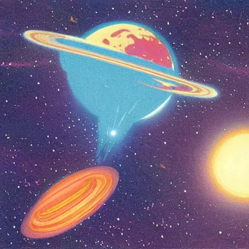 Image similar to a nasa ship entering the atmosphere of a planet, 1 9 7 0 s illustration, saturated colors