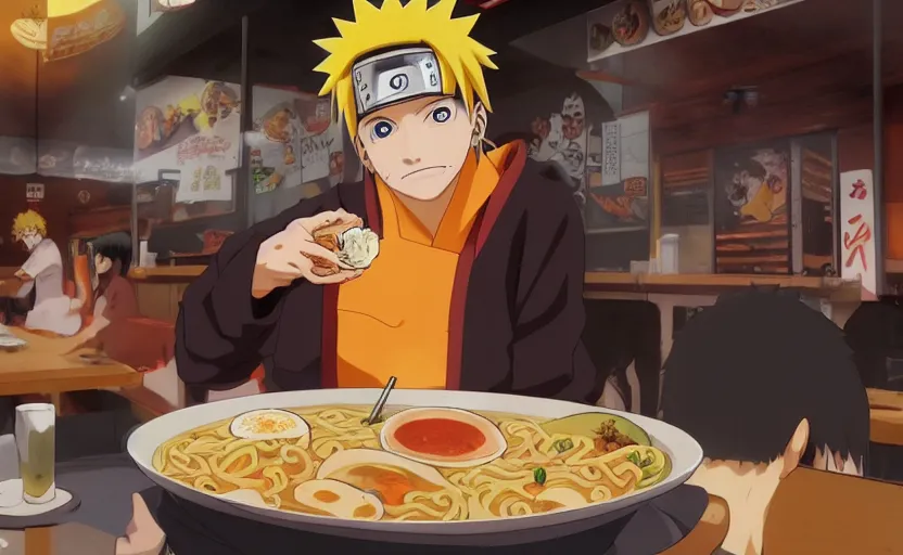 Prompt: Naruto Uzumaki eating ramen at ichiraku ramen shop, anime concept art by Makoto Shinkai, digital art, 4k, trending on pixiv