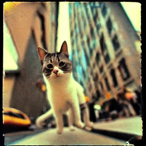 Image similar to go - pro on a cat view, very low - angle, ant's eye view, messy photo of walking in the busy street, polaroid photo, by andy warhol