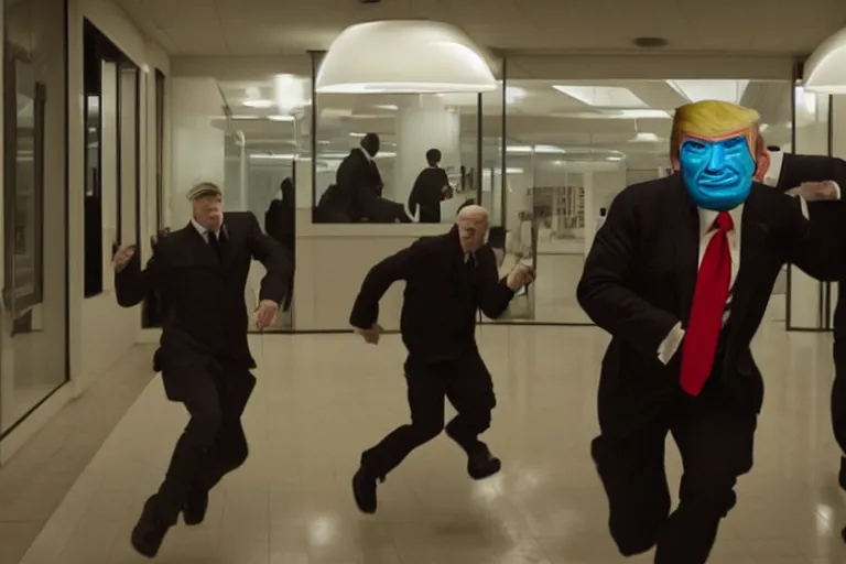 Prompt: dramatic cinematic bank robbers running out of white bank wearing trump masks by Emmanuel Lubezki