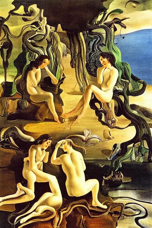 Prompt: Nymphs Listening to the Songs of Orpheus, oil painting by Salvador Dali