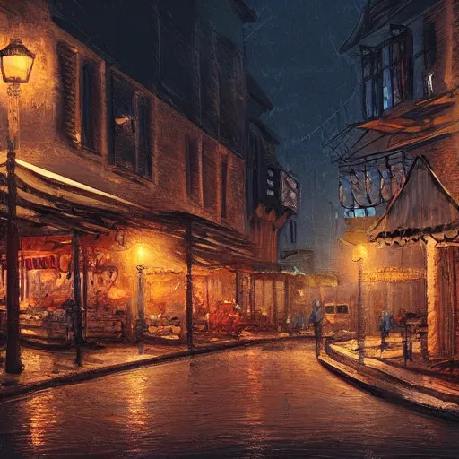 Prompt: a digital painting of a cityscape at night. summer. highly detailed. rustic vibe. artstation.
