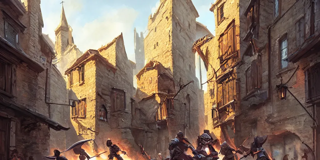 Image similar to an exciting fantasy street battle within a fascinating old city, soldiers fighting, narrow streets, old buildings, by Sylvain Sarrailh, cinematic, simple but effective composition, clean lines, beautiful digital painting, oil painting, detailed, dungeons and dragons, lord of the rings