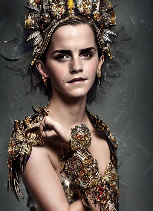 Image similar to expressive full body photo of a emma watson, ornate headpiece made from knives, ornaments, glamour shot, by karol bak, by stefan gesell, photorealistic, canon r 3, fashion photography, hyper maximalist, elegant, ornate, luxury, elite, environmental portrait, symmetrical features, octane render, unreal engine, solid dark grey background, dramatic lights