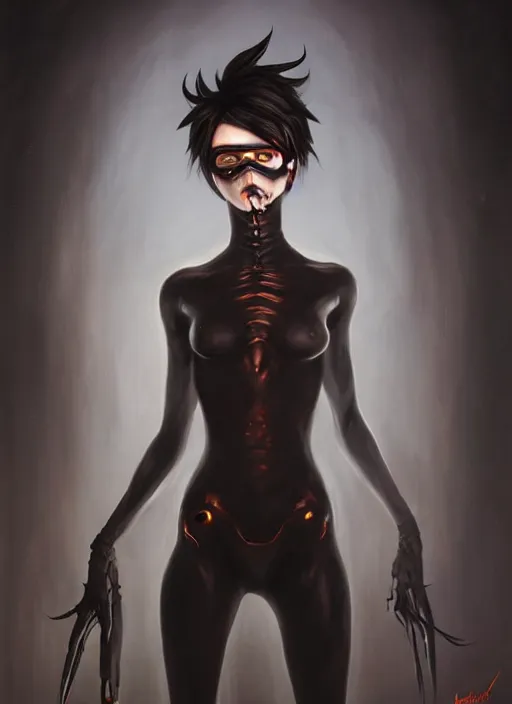 Image similar to dark portrait painting of tracer from overwatch, in style of zdzisław beksinski, scary, horror, 4 k, feminine facial features, overwatch tracer character, horror, body horror, disturbing, detailed face, dressed in dark garment, black tendrils, tall,