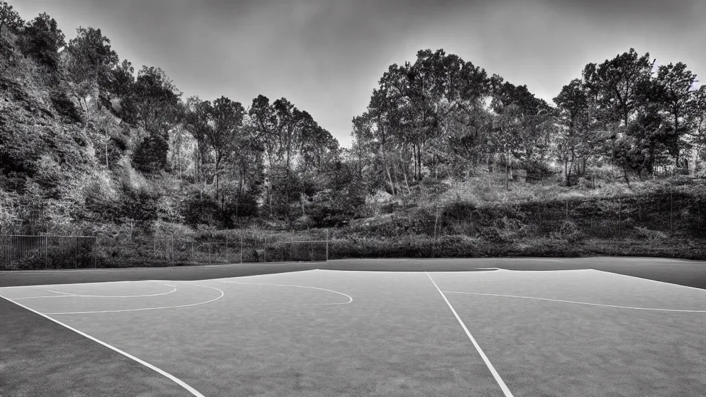 Prompt: a photograph of an empty basketball court in a scenic location, in the styles of cameron look, andrew bernstein, and ansel adams. intricate, hyperrealistic, monochrome hdr, accurate court