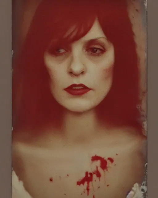 Prompt: an instant photo of a beautiful but sinister woman in layers of fear, with haunted eyes and tangled dark hair, 1 9 7 0 s, seventies, delicate embellishments, a little blood, crimson, painterly, offset printing technique, mary jane ansell