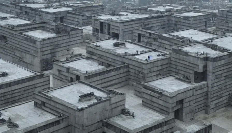 Image similar to big brutalist imperial military base on cliffs, drawing architecture, imperial architecture in rogue one, pritzker architecture prize, brutalism architecture, cinematic shot, by greig fraser, by emmanuel lubezki, robert richardson, hoyte van hoytema, roger deankins, janusz kaminski, alejandro inarritu