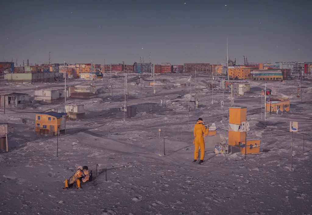 Image similar to accidentally wes anderson award - winning street photograph of a cosmic lunar norilsk russian city on moon, art by greg rutkowsky, trending on artstation, cinematic lighting, filmic grain, golden hour, detailed, 4 k