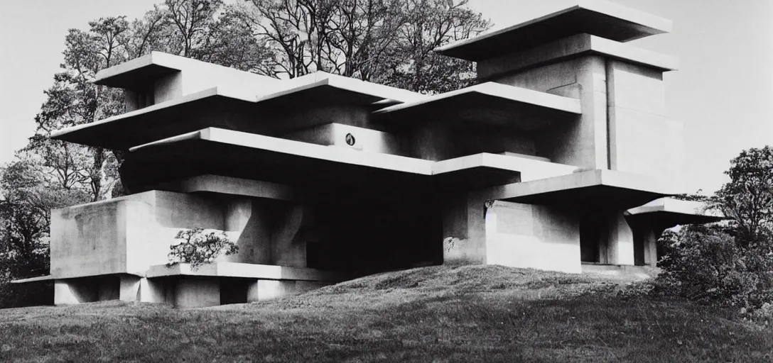 Prompt: dystopian house by frank lloyd wright. photograph by helmut newton.