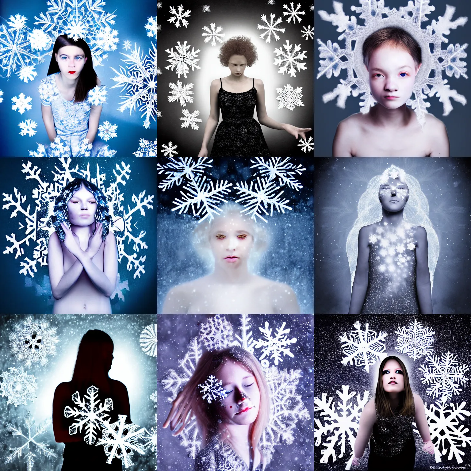 Prompt: surreal photography snowflakes spirit portrait