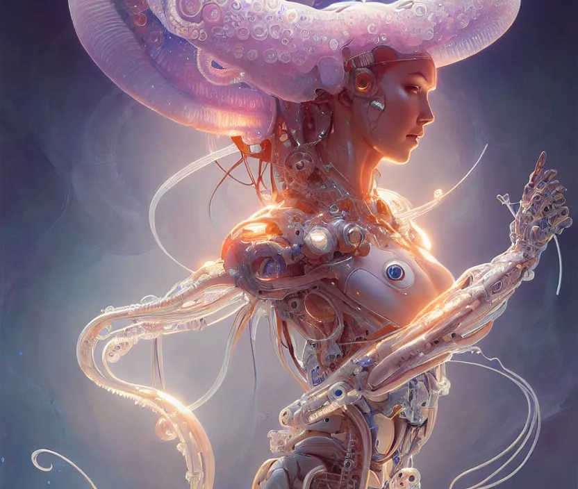 Image similar to Cyborg biomechanical jellyfish angel girl, sci-fi, highly detailed, digital painting, artstation, concept art, smooth, sharp focus, illustration, art by artgerm and greg rutkowski and alphonse mucha