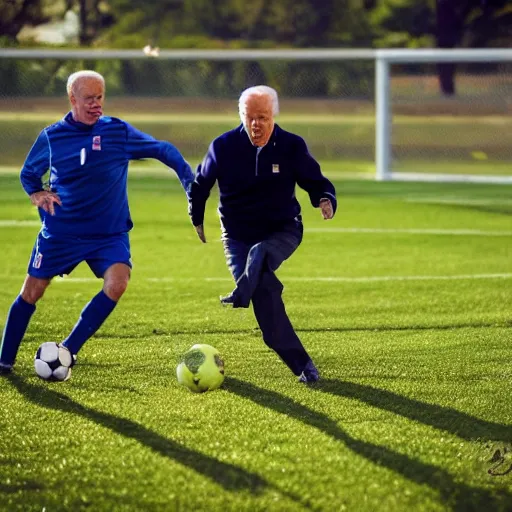 Image similar to joe biden playing soccer, professional sports photography, cinematic lighting