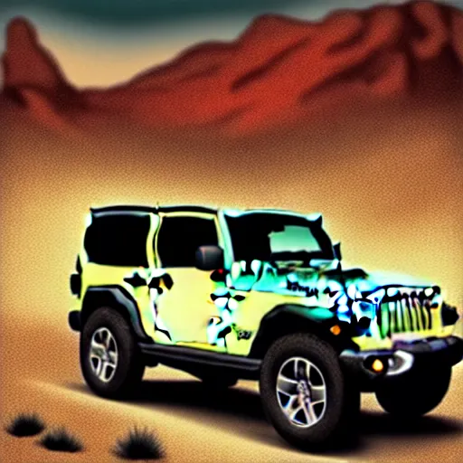 Image similar to Jeep, Off-roading, Mountain landscape, dirt, road, cinematic color, photorealistic, highly detailed wheels, highly detailed