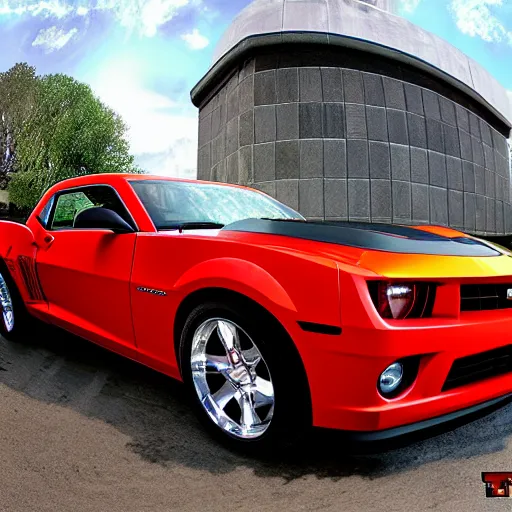 Image similar to Chevy Camaro in Minecraft high detail aesthetic fish eye lens