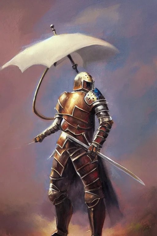 Image similar to a fantasy oil painting, concept art, a knight in full armor holding an unbrella