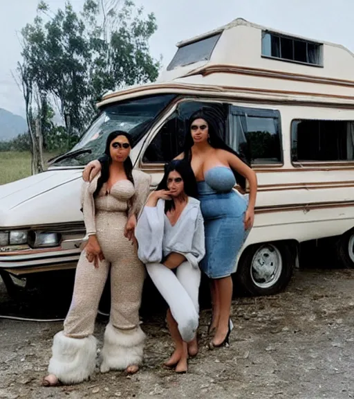 Prompt: Pablo Escobar cuddling kim kardashian & kylie Jenner inside a derelict motorhome