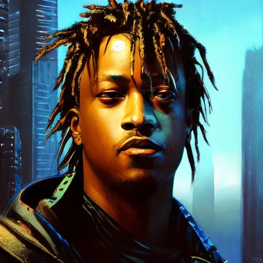 Image similar to cyberpunk, closeup portrait of a juice wrld, dramatic light, city background, sunset, dystopian setting, high contrast, sharp, neuromancer, henry dorsett case, painted by stanley lau, painted by greg rutkowski, painted by stanley artgerm, digital art, trending on artstation