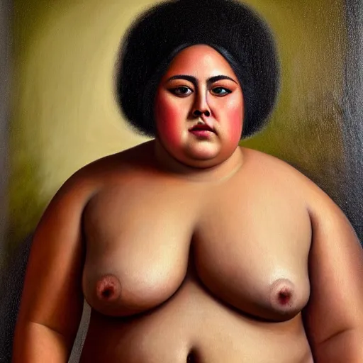 Image similar to A portrait of a strong and thick attractive non-binary person, medium skin tone, Mexican, oil painting, majestic, detailed, high resolution