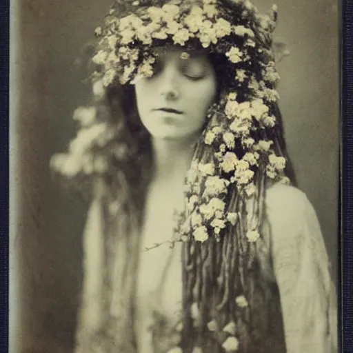 Image similar to portrait of a beautiful woman corpse covered in flowers, 1910 polaroid photography,