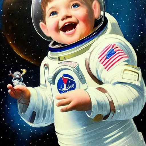 Image similar to a cute little girl with a round cherubic face, blue eyes, and short wavy light brown hair smiles as she floats in space with stars all around her. she is an astronaut, wearing a space suit. beautiful painting with highly detailed face by greg rutkowski and quentin blake