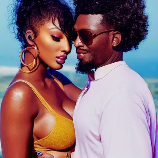Image similar to realistic, east african man with curly hair next to megan thee stallion, seductive, romantic, dreamy tones, realistic, full body, love, sharp focus, editorial